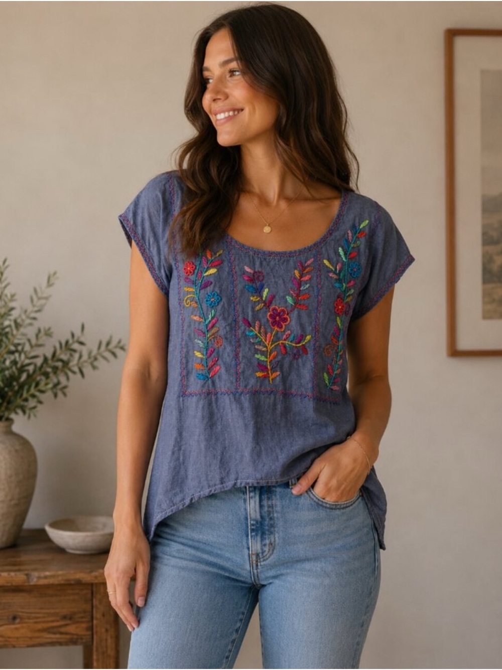 Embroidered Scoop Neck Women's Chambray Top
